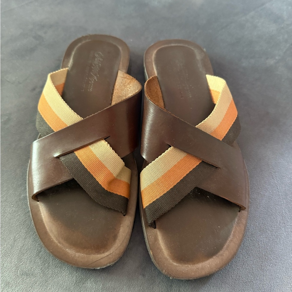 Saks Fifth Avenue Brown and Orange Sandals with Cross-Strap Design